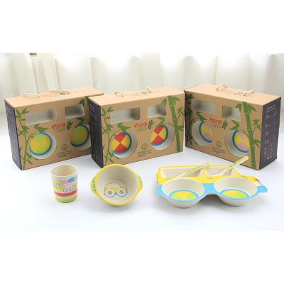 China Bio Fiber Kids Tableware Cute Cartoon Sustainable Bamboo Dish Cup 5 Piece Feeding Tableware Bowl Sets for sale