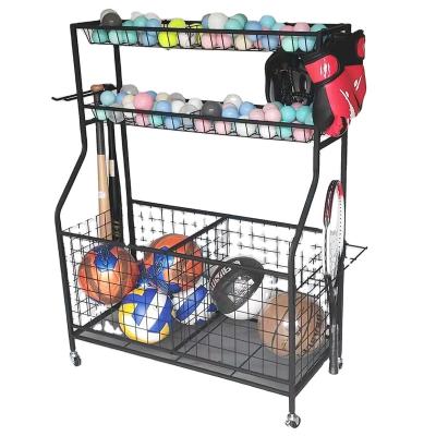 China Viable Outdoor Metal Sporting Goods Storage Rack Garage Basketball Organizer For Outdoor Ball Cart With Baskets And Hooks for sale