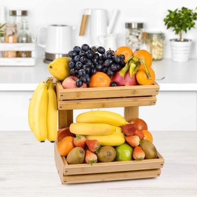 China Sustainable Fruit Basket 2-Tier Bamboo Stand for Kitchen Countertop with 2 Banana Hooks Fruit and Vegetable Storage for sale