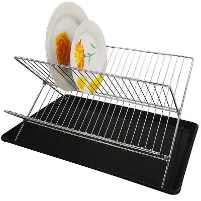 China Stored Folding Dish Drainer With Expandable Two Tier Tray Design For Extra Capacity Rustproof Chrome for sale