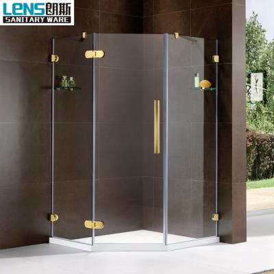 China Diamond Shape Hinge Door Tempered Luxury Frameless Brass Shower Glass Enclosure for sale