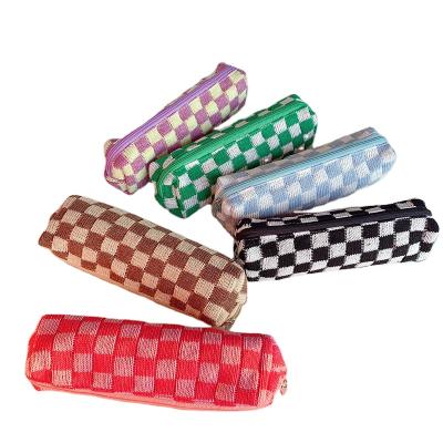 China Large capacity contracted knitting simple Korean INS checkerboard students writing case pen bag for middle and high school students for sale