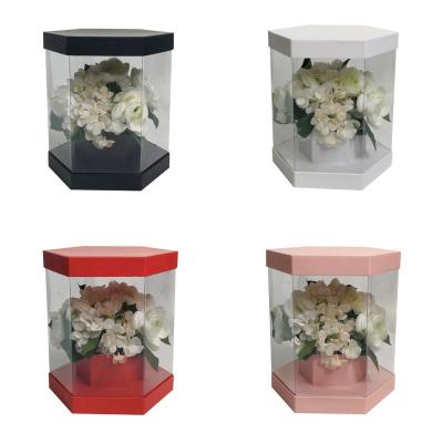 China Handmade PVC Transparent Window Folding Flower Gift Box Hand Attend Party Flower Hexagon Bouquet Packaging Box for sale