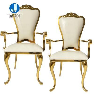 China Stainless Steel Furniture Gold Banquet Dining Chair Design Gold Banquet Wedding Chairs Gold Banquet Room Armrest Chair for sale