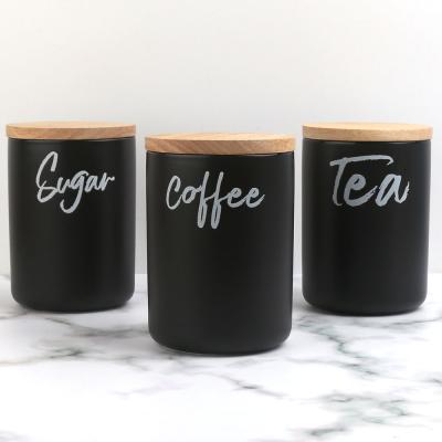 China Wholesale Casual Matte Black Ceramic Tea Coffee Sugar Cookie Canister Jar With Lid Wooden Set for sale