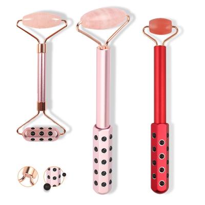 China Face Lift Gua Sha Gift Set Natural Pink Rose Quartz Jade Roller Jade Roller Original Gemstone Face Lift for sale