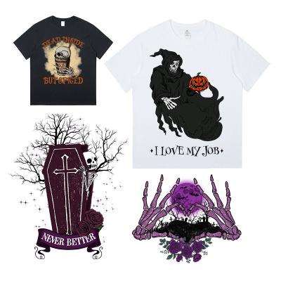 China Custom Washable Halloween Pumpkin Skull Design Plastic Screen Printing Transfer Autumn T-shirt for sale