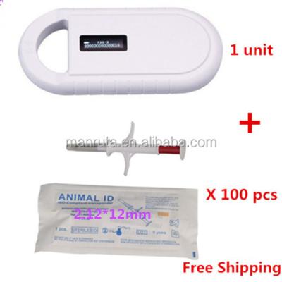 China 100 pcs animal rfid identification chip glass tag 2.12X12 mm and 1 portable pet microchip scanner wholesale online for sale