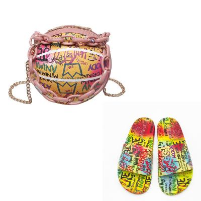 China Fashion 2021 new women summer fashion graffiti letter printing basketball bag acrylic chain purse and shoes set for sale