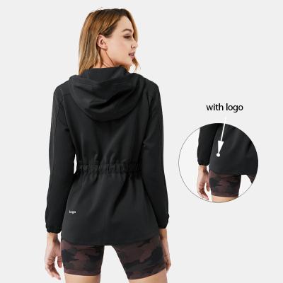 China Polyester cotton Lu New Fashion Mid Length Jacket Women Black Zip Hooded Sports Shirt Slim Fit Trend Outdoor Fitness Training Jacket Top with Log for sale