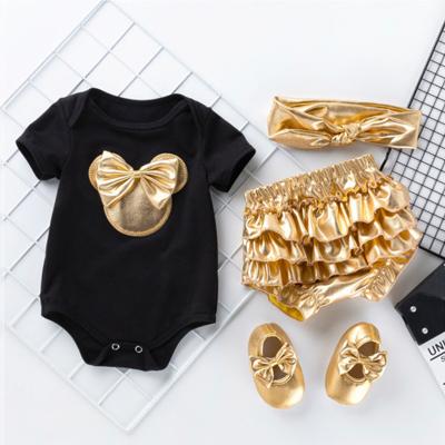 China Wholesale Casual Babies Summer Clothing Sets Girls Appliqued Short Sleeve Romper Toddler Clothes 4 Pieces Set for sale