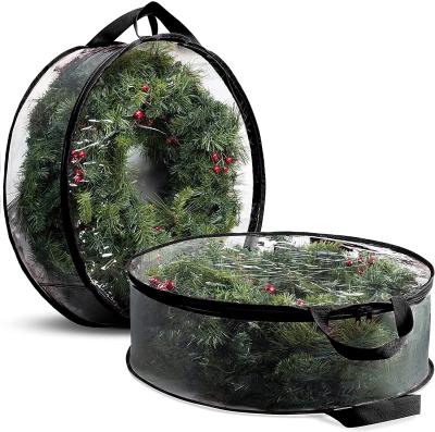 China Artificial Christmas Wreath Storage Goods Handle Holiday PVC Clear Water Resistant Christmas Wreath Storage Container for sale