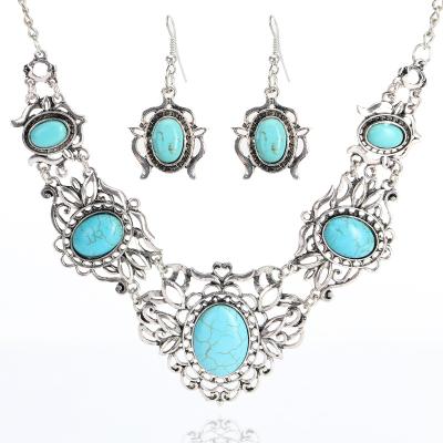 China 2021 Vintage Rose Gold Silver Jewelry Turquoise Necklace Earrings For Women for sale