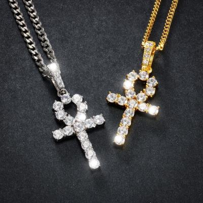 China Wholesale 18k Hip Hop Hip Hop Gold Zircon Necklace Long Egyptian Gold Cross Pendant Jewelry Chains for sale