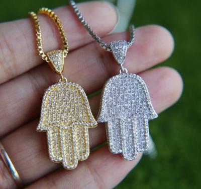 China Luxury Hamsa Hand Micro Cubic Zircon Bling Hiphop Hip Hop Jewelry Pendant Necklace for sale