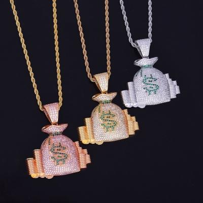 China Creative Hiphop Fashion Cash Money Coins Stack Zircon Purse Pendant Necklaces For Men's Rock Party Jewelry for sale