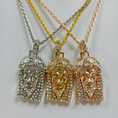 China Hip Hop Hip Hop Fashion Gold Color Plated Iced Out Big CZ Stone Masked Jesus Face Crystal Pharaoh Pendant Necklace for sale