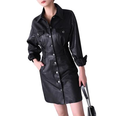 China Breathable Fashion Style Real Jean Sheep Skin Women Leather Dress Luxurious Genuine Leather Coat Dress for sale