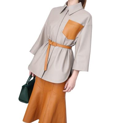 China Fashion Breathable Contrast Colors Pocket Unisex Sheepskin Shirt For Women Genuine Leather Coat for sale