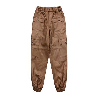 China New Fashion Breathable Elastic Waist Lambskin Military Pocket Pants Genuine Leather Cargo Pants Trousers for sale