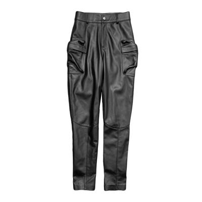 China Fashion Breathable Cool Military Pocket Lamb Skinny Leg Pants Genuine Leather Cargo Pants Trousers for sale