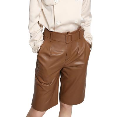 China New Breathable 2022 High Waist Real Genuine Leather Pants Sheep Skin Wide Leg Women Shorts Middle Belt Pants for sale