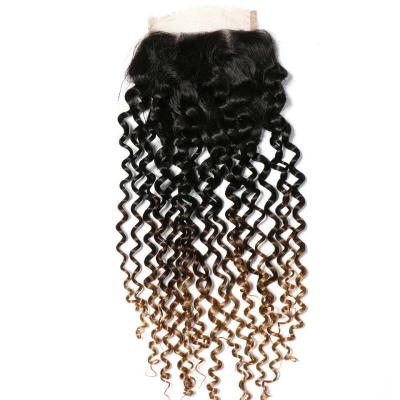 China Adorable Loose Curly 1B/4/30 Three Tone Ombre Brazilian Kinky Curly Hair Lace Closure 4*4 Piece Jerry Top Remy Human Hair for sale