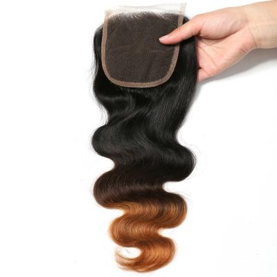 China Adorable Body Wave Wholesale Indian Remy Human Hair Three Tone 4*4 Straight Lace Closure For Wigs Color T1b-4-27 for sale