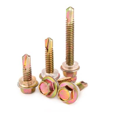 China Golden Yellow Color Pan Supplier Hex Head Drill Shank Self Drilling Screw With Plastic Washer for sale