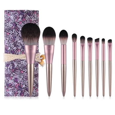 China Angular Blush 9 Pcs Cosmetic Makeup Tool Vegan Professional High Quality Purple Makeup Brush Set With Belt Bag for sale