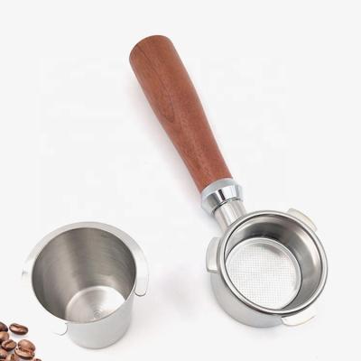 China Sustainable Portafilter 58mm Wooden Handle Coffee Portafilter Stainless Steel Coffee Bottomless Portafilters for sale