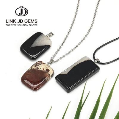 China New Style Gemstone Black Agate Natural Rectangle Flower Mateiral Stainless Steel Pendant Necklace For Men Women Necklace Charms for sale