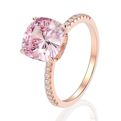 China Fashion 5A 925 Rose Gold Plated 10MM High End Sparkle Silver Cushion Cut Pink Diamond CZ Solitaire Wedding Ring for sale