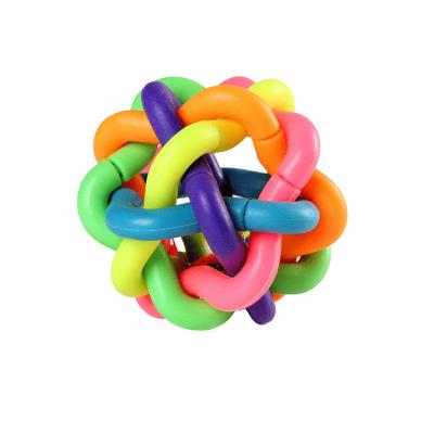 China Viable Dog Bite Resistant Toy Rubber Ball Toy Rainbow Pet Supplies Colorful Bell Woven Ball for sale