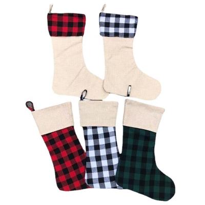 China Christamas Decoration Christmas Gift Bag Accessories Warm Sublimation Hemp Christmas Stocking Plaid Christmas Socks for sale