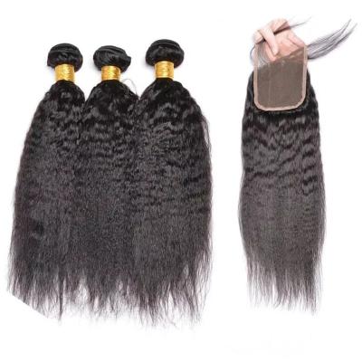 China Yaki Cuticle Aligned Raw Unprocessed Virgin Hair Kinky Straight Brazilian Hair Bundles With Curly Straight Closure Weave for sale