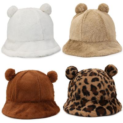 China Bucket Hats Wholesale New Winter Leopard Print Plush Cute Bear Ears Thick Warm Fisherman Hat for sale