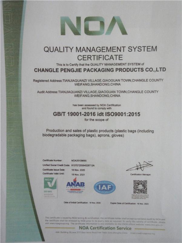 ISO9001 - Changle Pengjie Packaging Products Co., Ltd.