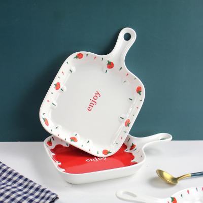 China European Sustainable Shiny Baking Colorful Baking Tray Around Ceramic Baking Pan With Simple Handle For Breakfast for sale