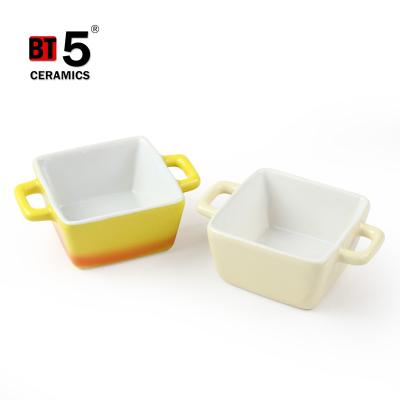 China Sustainable Porcelain Bake Cup Cake Hallow Handle Ramekin Cups Oven Safe Square Creme Brulee Dishes For Desserts for sale