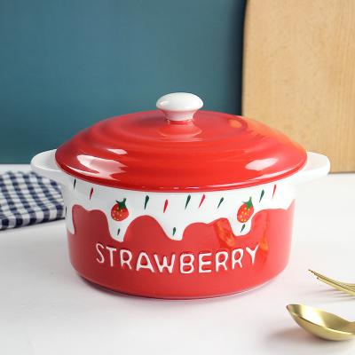 China Strawberry Sustainable Design Ceramic Casserole Pot, Soup Bowls With Lids, Desserts Cook For Cooking And Baking Food for sale