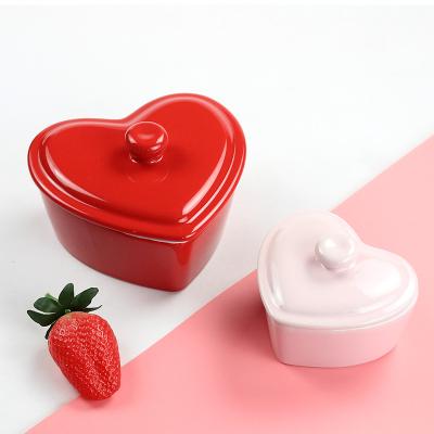 China Viable Love Bowl Dessert Ceramic Heart Shaped Baking Ceramic Bowl With Lid for sale