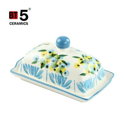 China Sustainable ceramic beauty flower hand painted rectangle butter dish with lid for sale for sale