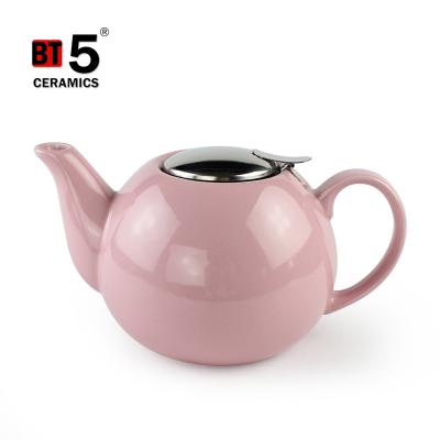 China Sustainable Large Pink Color Pour Water Kettles Ceramic Pink Teapot With Stainless Steel Lid for sale