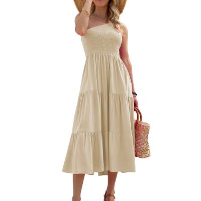 China New Summer Women's Bohemian Dress Breathable Formal Dress One-Shoulder Wrap Bust Long Pleated Dress for sale