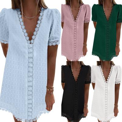 China Double Sleeve Chiffon Jacquard Lace Dress Summer Breathable V-Neck Polka Dot Lace Shift Short Casual Swiss Short Sleeve Dress for sale