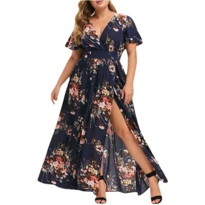 China Summer Breathable Plus-Size Spring Printing Bloody Waist Zipper Slit Dresses for sale