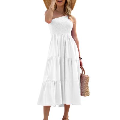 China Breathable Women's Short Sleeve Dress Shoulder Pleated Princess Back Open Womens Summer Split Dress Womens Dresses for sale