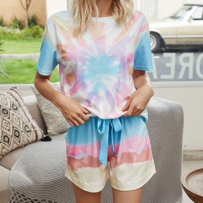 China New Best Selling Tie Dye Quick Dry Women's Two Piece Pajamas Casual Short Sleeve Top With Shorts Summer Pajamas for sale