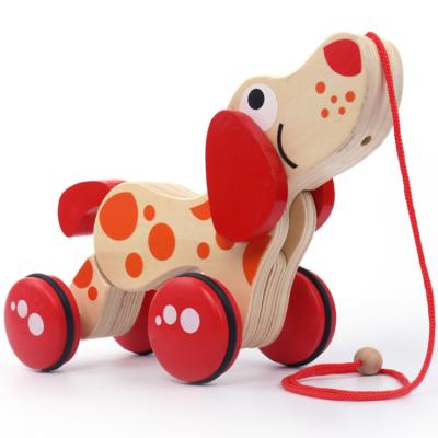 China 2019 new arrival woodenanimal toy eco-friendly intelligence traction toy wooden cars crocodile and dog shape traction animal toy for sale